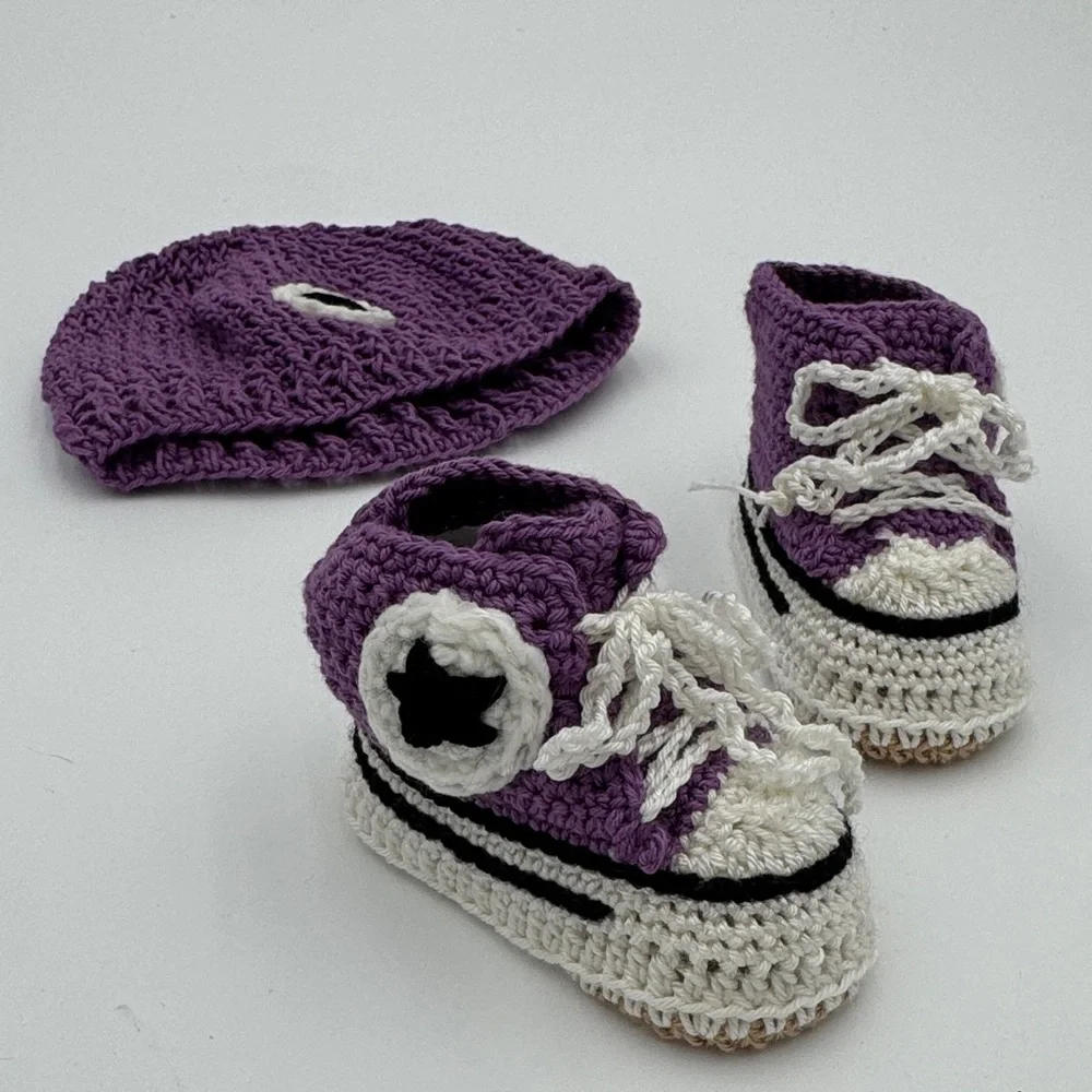 Handmade Purple and White Crochet Baby Shoes
